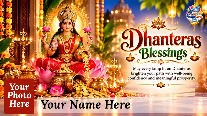 Dhanteras Blessings card with Goddess Lakshmi, glowing lamps, gold coins, name and rectangle photo