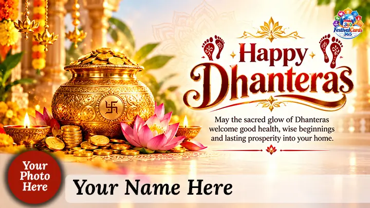 Happy Dhanteras wishes card with a golden kalash, coins, lotus flowers, name and round photo
