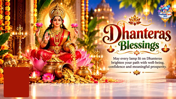 Dhanteras Blessings card with Goddess Lakshmi, glowing lamps, gold coins, name and rectangle photo