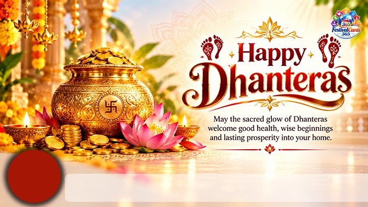 Happy Dhanteras wishes card with a golden kalash, coins, lotus flowers, name and round photo