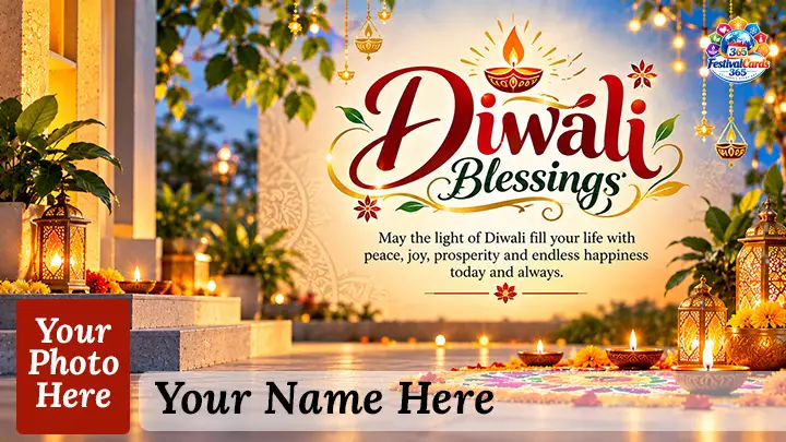 Diwali Blessings card with diyas, lanterns, rangoli, name and rectangle photo