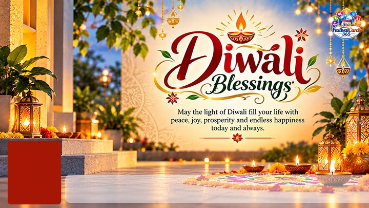 Diwali Blessings card with diyas, lanterns, rangoli, name and rectangle photo