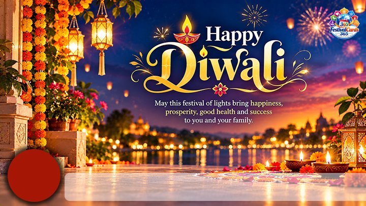 Happy Diwali wishes card with lanterns, fireworks, diyas, name and round photo