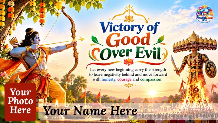 Victory of Good Over Evil Dussehra card with Lord Rama, burning Ravana effigy, name and rectangle photo