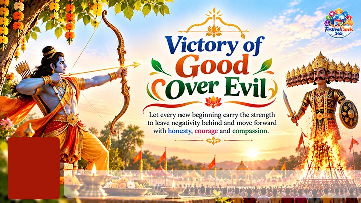 Victory of Good Over Evil Dussehra card with Lord Rama, burning Ravana effigy, name and rectangle photo