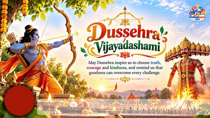 Dussehra Vijayadashami wishes with Lord Rama aiming at Ravana, name and round photo