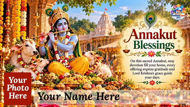 Annakut Blessings card with Lord Krishna, cows, temple offerings, name and rectangle photo