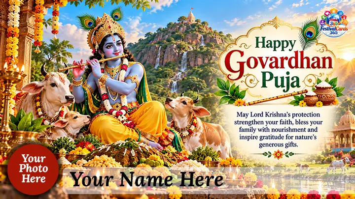 Happy Govardhan Puja card with Lord Krishna, Govardhan Hill, cows, name and round photo