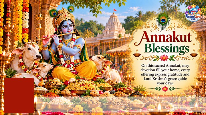 Annakut Blessings card with Lord Krishna, cows, temple offerings, name and rectangle photo