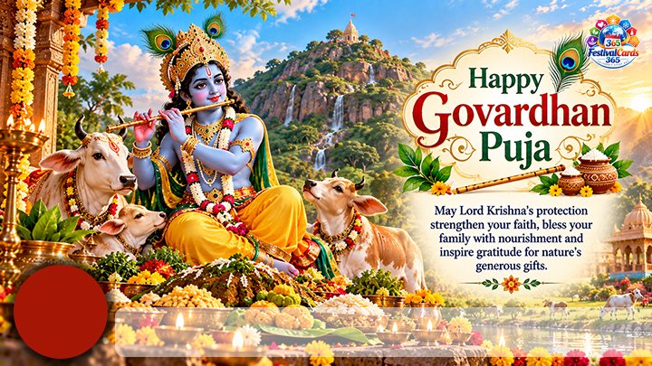 Happy Govardhan Puja card with Lord Krishna, Govardhan Hill, cows, name and round photo