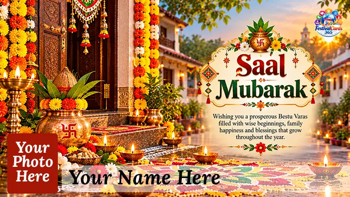 Saal Mubarak card with festive doorway, kalash, rangoli, name and rectangle photo