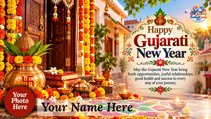 Happy Gujarati New Year card with a decorated doorway, kalash, rangoli, name and round photo