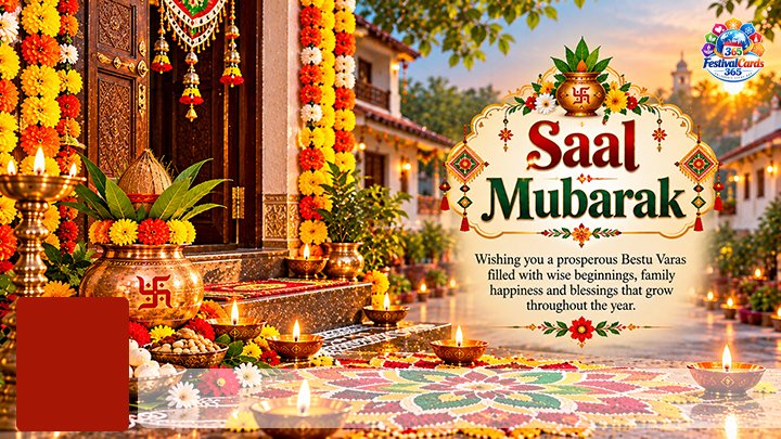 Saal Mubarak card with festive doorway, kalash, rangoli, name and rectangle photo