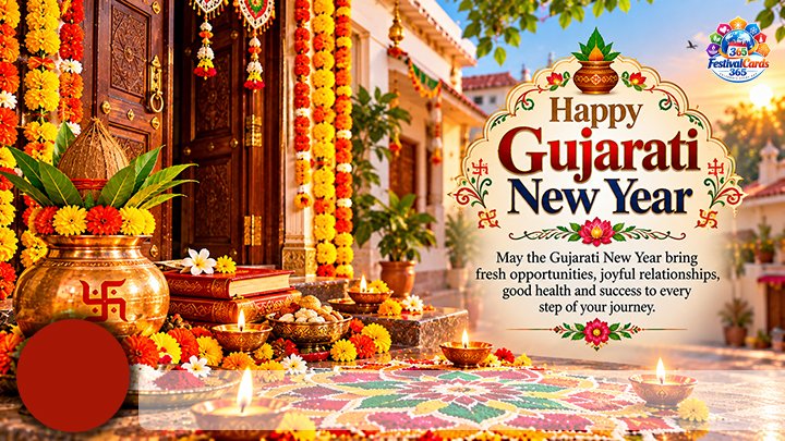 Happy Gujarati New Year card with a decorated doorway, kalash, rangoli, name and round photo