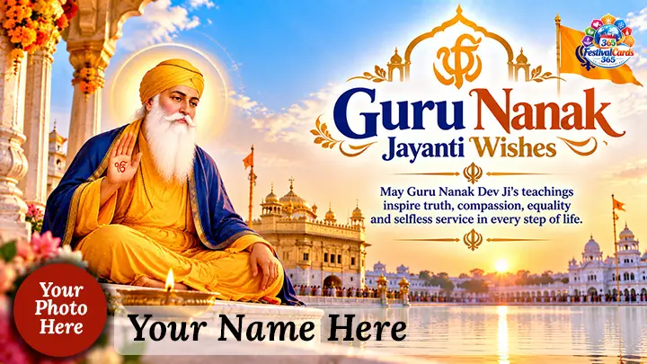 Guru Nanak Jayanti Wishes card with Golden Temple, name and round photo