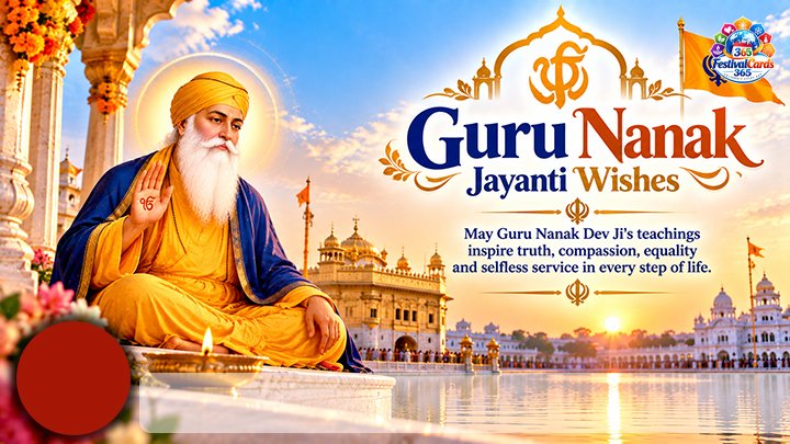 Guru Nanak Jayanti Wishes card with Golden Temple, name and round photo