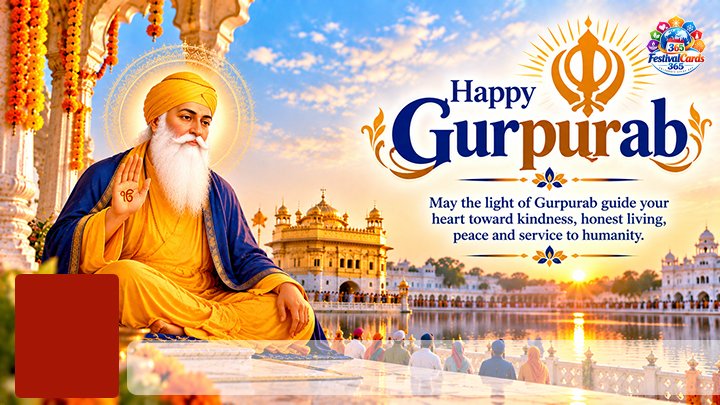 Happy Gurpurab wishes card with Guru Nanak Dev Ji, Golden Temple, name and rectangle photo