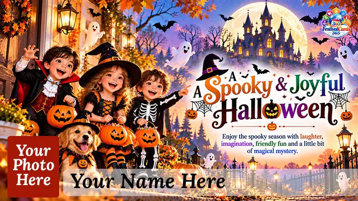 Spooky and joyful Halloween card with costumed children, pumpkins, ghosts, name and rectangle photo