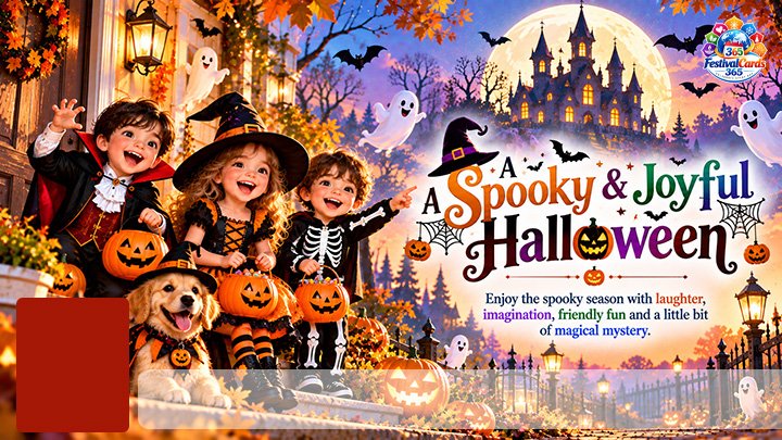 Spooky and joyful Halloween card with costumed children, pumpkins, ghosts, name and rectangle photo