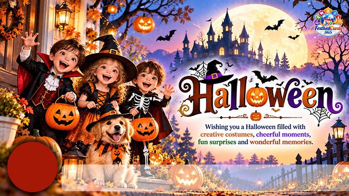 Halloween wishes card with children in costumes, pumpkins, castle, name and round photo