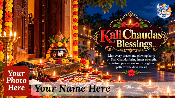 Kali Chaudas Blessings card with sacred lamps, decorated doorway, rangoli, name and rectangle photo