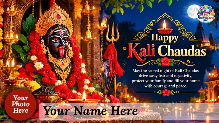 Happy Kali Chaudas card with Goddess Kali, temple lamps, flowers, name and round photo
