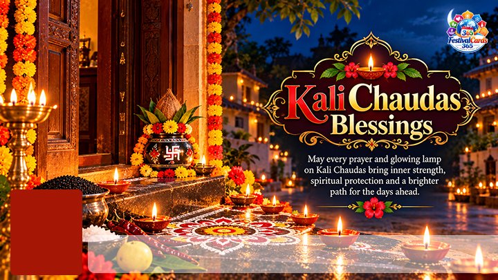 Kali Chaudas Blessings card with sacred lamps, decorated doorway, rangoli, name and rectangle photo