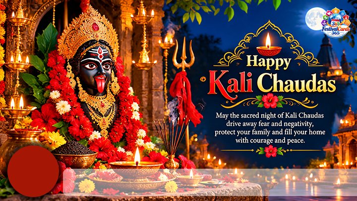 Happy Kali Chaudas card with Goddess Kali, temple lamps, flowers, name and round photo