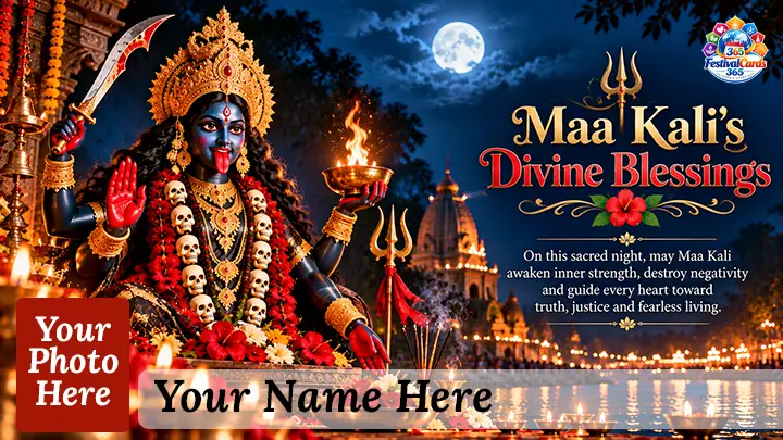 Maa Kali Divine Blessings card with Goddess Kali, sacred lamps, name and rectangle photo