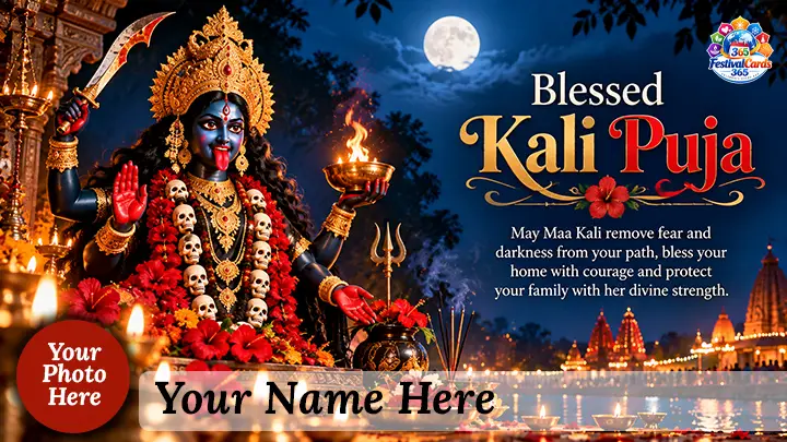 Blessed Kali Puja card with Goddess Kali, temple lamps, name and round photo