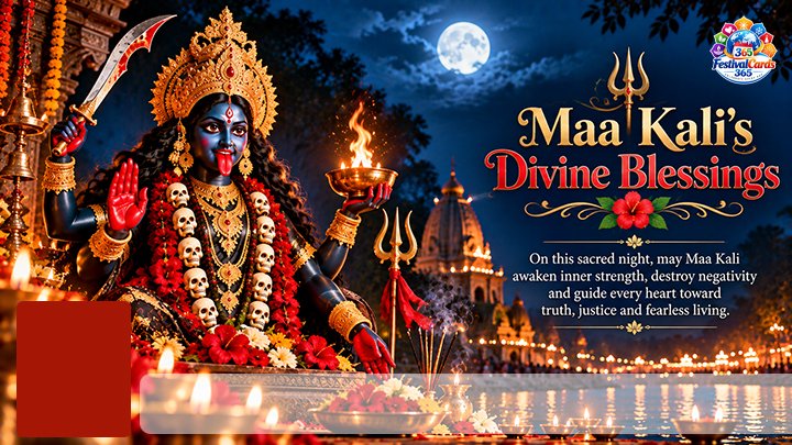 Maa Kali Divine Blessings card with Goddess Kali, sacred lamps, name and rectangle photo