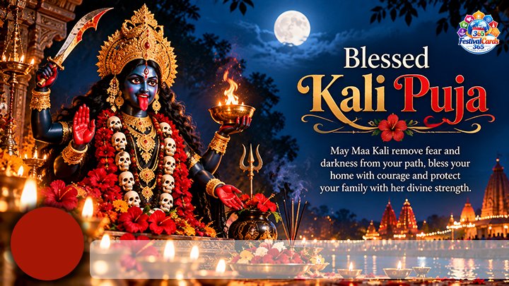 Blessed Kali Puja card with Goddess Kali, temple lamps, name and round photo