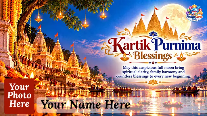 Kartik Purnima Blessings card with glowing temples, full moon, name and rectangle photo