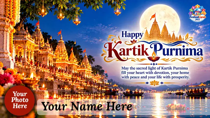 Happy Kartik Purnima wishes card with illuminated temples, full moon, name and round photo