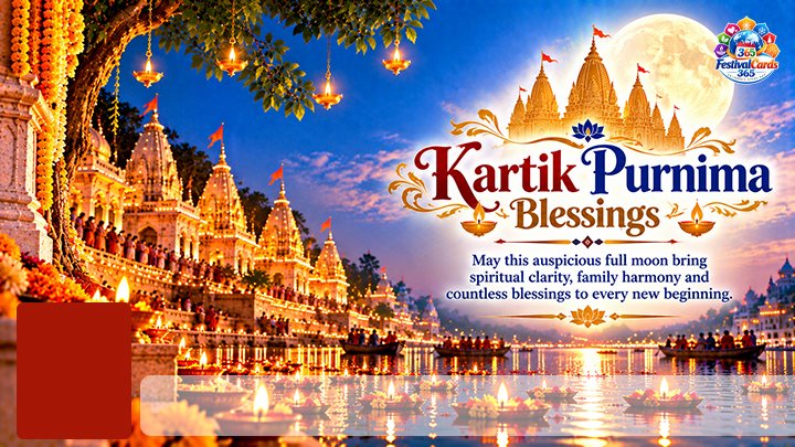 Kartik Purnima Blessings card with glowing temples, full moon, name and rectangle photo