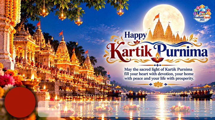 Happy Kartik Purnima wishes card with illuminated temples, full moon, name and round photo