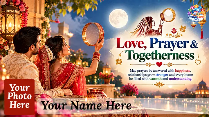 Love Prayer and Togetherness Karwa Chauth card with moon, couple, name and rectangle photo
