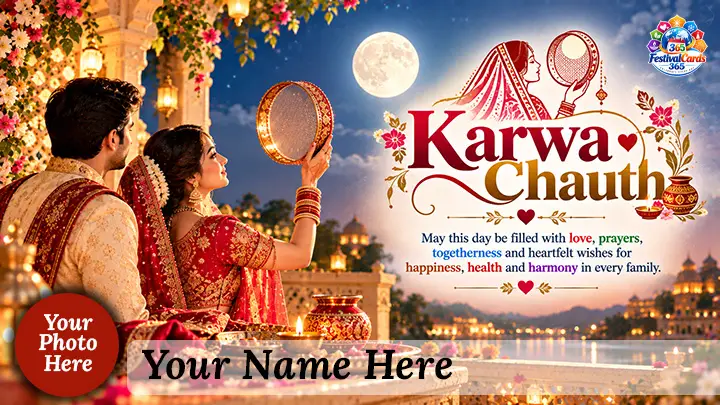 Karwa Chauth wishes card with a moonlit couple, decorated sieve, name and round photo
