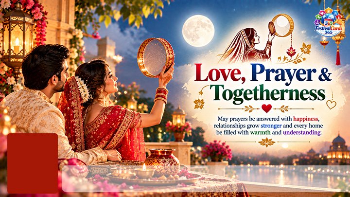 Love Prayer and Togetherness Karwa Chauth card with moon, couple, name and rectangle photo