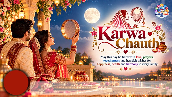 Karwa Chauth wishes card with a moonlit couple, decorated sieve, name and round photo