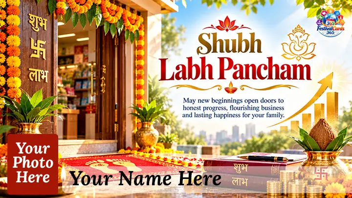 Shubh Labh Pancham card with decorated business entrance, marigolds, kalash, ledger, rising chart, name and rectangle photo