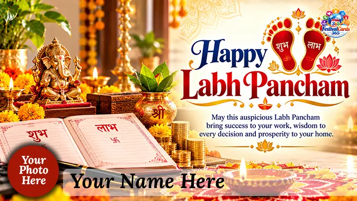 Happy Labh Pancham card with Lord Ganesha, Shubh Labh ledger, kalash, coins, lamps, name and round photo