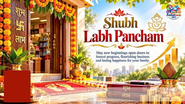 Shubh Labh Pancham card with decorated business entrance, marigolds, kalash, ledger, rising chart, name and rectangle photo