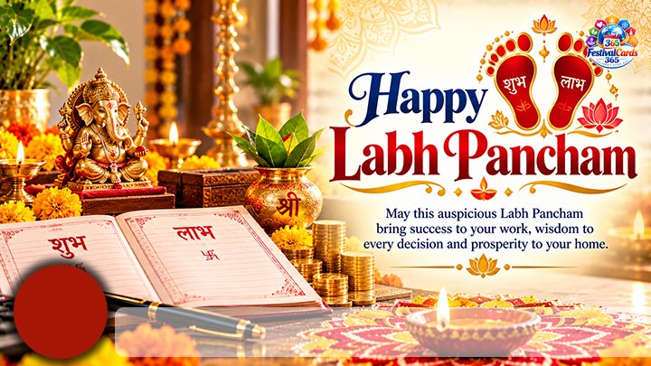 Happy Labh Pancham card with Lord Ganesha, Shubh Labh ledger, kalash, coins, lamps, name and round photo