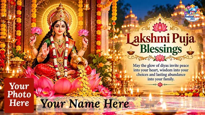 Lakshmi Puja Blessings card with Goddess Lakshmi, gold coins, diyas, name and rectangle photo