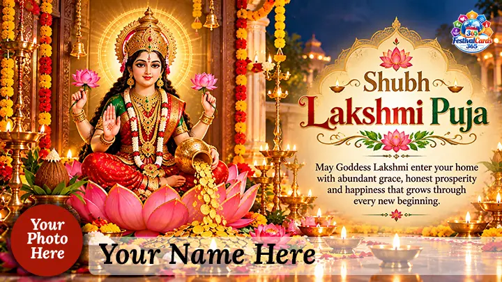 Shubh Lakshmi Puja card with Goddess Lakshmi, lotus flowers, lamps, name and round photo