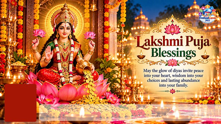 Lakshmi Puja Blessings card with Goddess Lakshmi, gold coins, diyas, name and rectangle photo