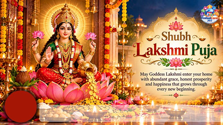 Shubh Lakshmi Puja card with Goddess Lakshmi, lotus flowers, lamps, name and round photo