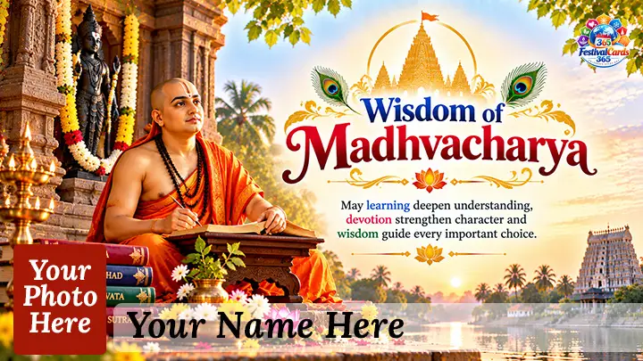 Wisdom of Madhvacharya card with Madhvacharya, sacred books, temple lamps, name and rectangle photo