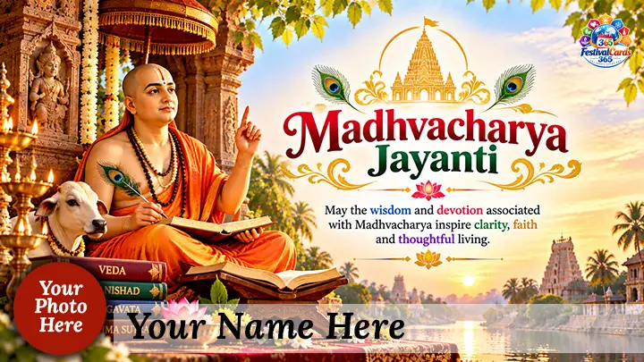 Madhvacharya Jayanti card with Madhvacharya teaching beside sacred books and temple, name and round photo